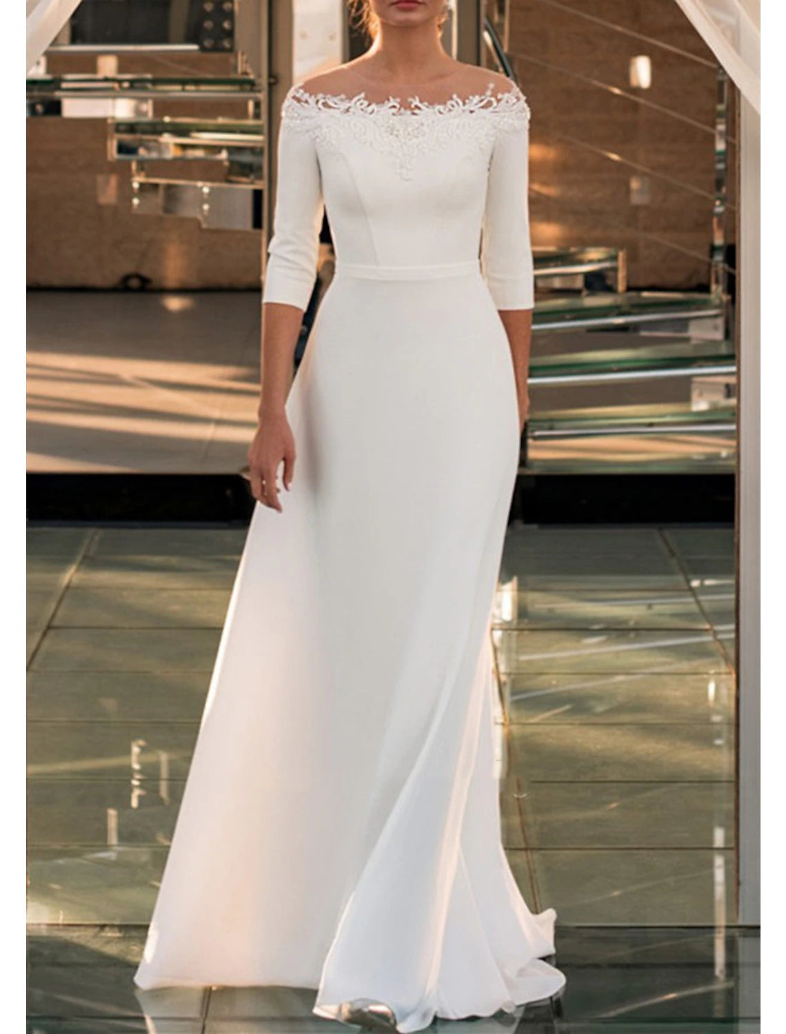 Wholesale Engagement Formal Wedding Dresses A-Line Off Shoulder 3/4 Length Sleeve Sweep / Brush Train Lace Bridal Gowns With Appliques Solid Color